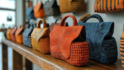 Row of handcrafted leather bags in various colors and patterns displayed on a wooden shelf - Powered by Adobe
