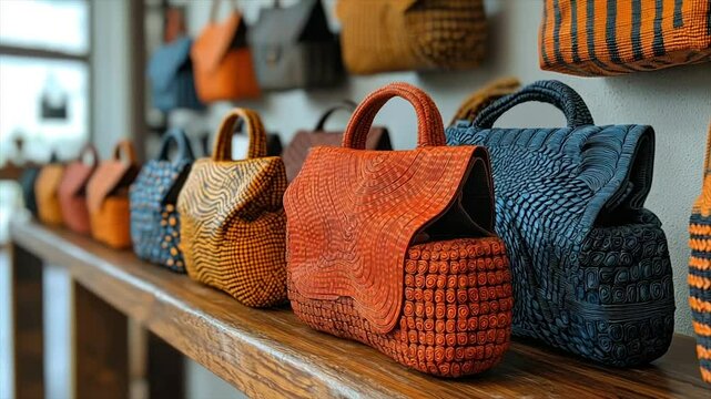 Row of handcrafted leather bags in various colors and patterns displayed on a wooden shelf