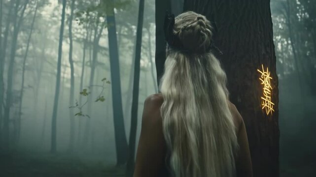 Dark forest surrounding blonde valkyrie priestess wearing horned fantasy costume, channeling mystical supernatural power while casting ancient magical spell on ancient tree with ethereal glow