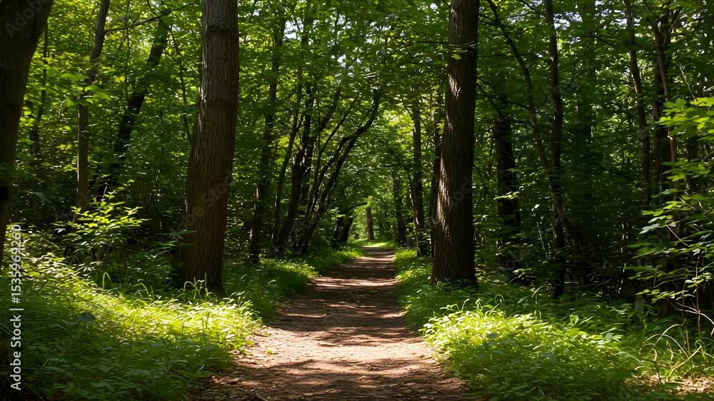 Poster sun dappled path through dense green forest with sunlight creating a tunnel effect