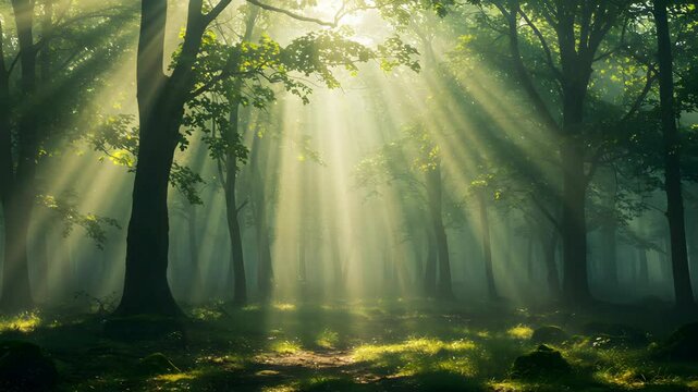 Sunbeams Through Green Forest Trees Creating a Tranquil and Mystical Scene in Digital Art
