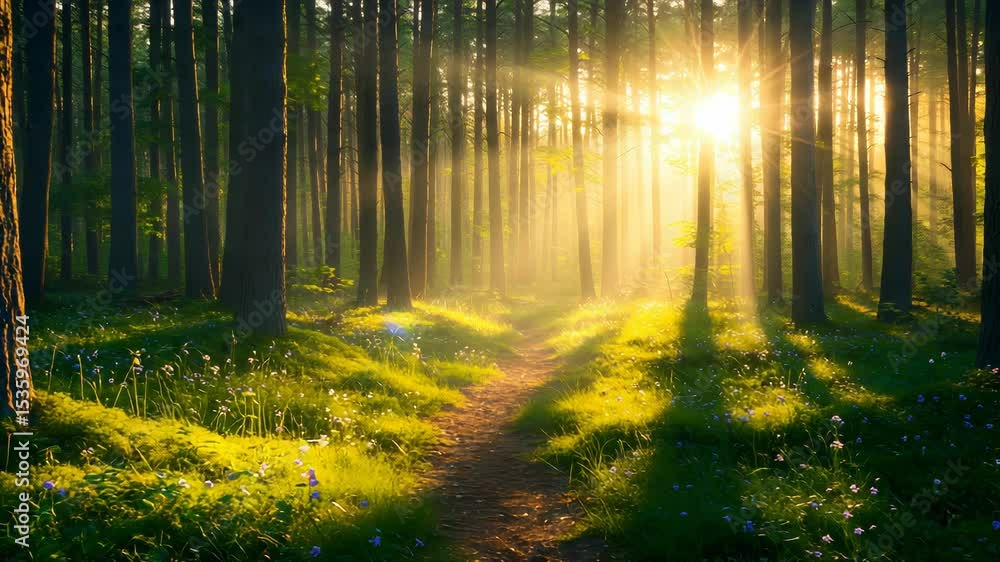 Poster sunlit forest path with tall trees and lush greenery in golden light