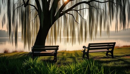 Serene lakeside view with a large willow tree