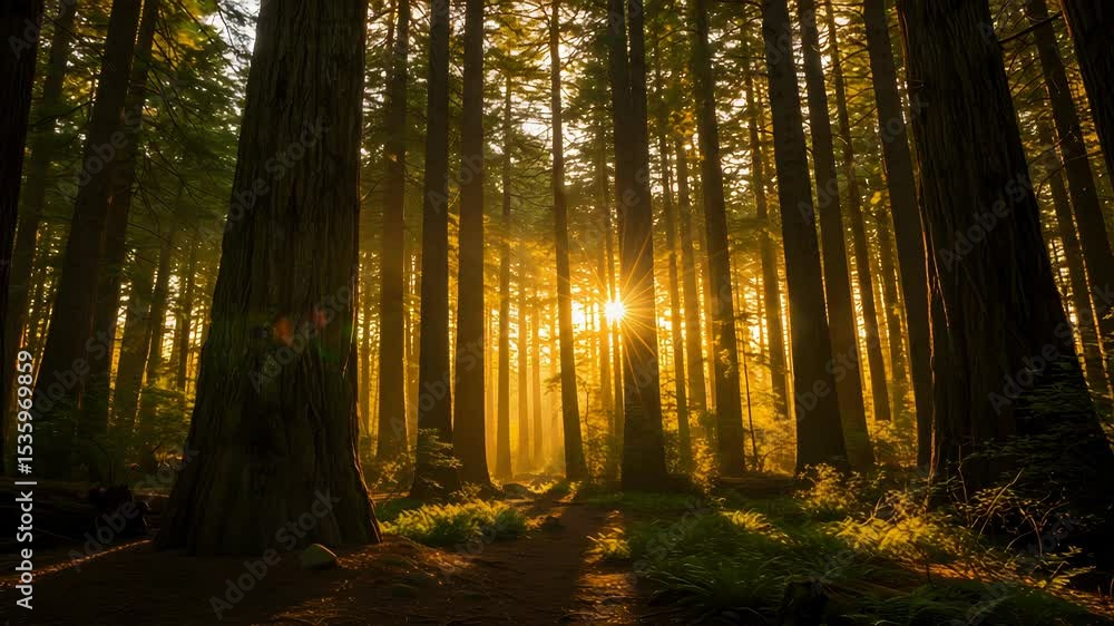 Poster warm sunlight through tall trees in verdant forest with winding path and dappled light and shadows