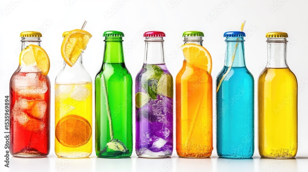 Poster assortment of glass drink bottles with vibrant liquids on white backdrop, refreshing beverage displa