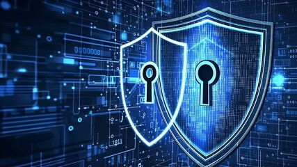 Digital Security Shield with Keyhole Graphic Displaying Network Data and Information in Blue - Powered by Adobe