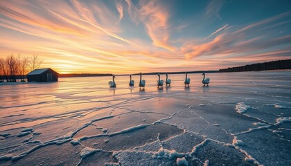 a frozen lake at sunset