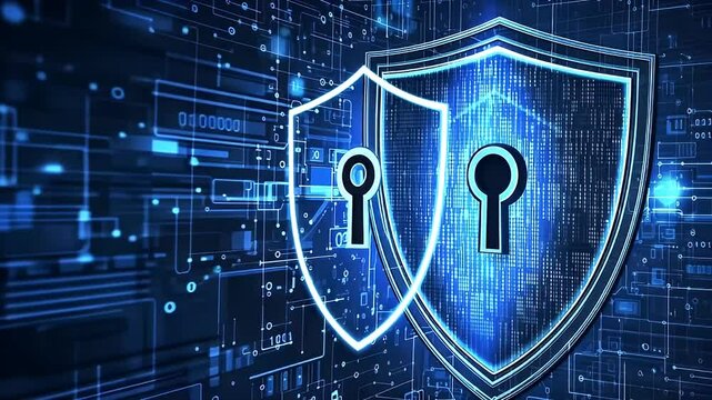 Digital Security Shield with Keyhole Graphic Displaying Network Data and Information in Blue - Powered by Adobe