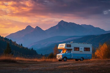 Scenic Mountain Vista Camper Van Autumn Sunset Travel Adventure Vacation Road Trip Peaceful Nature Landscape Relaxing Holiday Beautiful Colorful Sky Amazing View RV Motorhome      