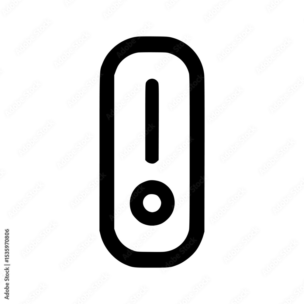 Poster black outlined icon of an exclamation point inside a rounded rectangle shape on white.