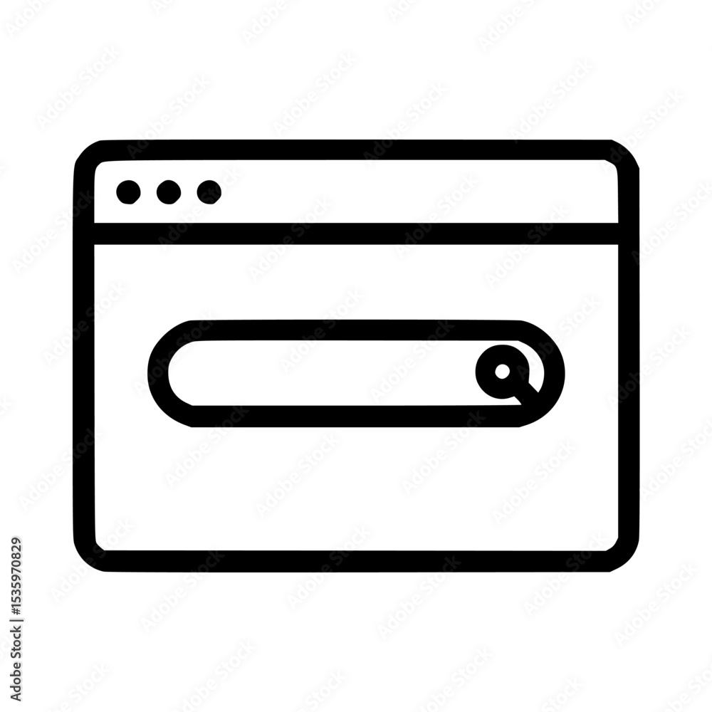 Poster simple black and white icon depicting an open web browser window with a search bar.