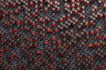 Full frame of brown glass keyboard buttons and spheres with map. 3d rendering illustration