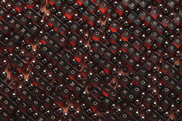 Full frame of brown glass keyboard buttons and spheres with map. 3d rendering illustration