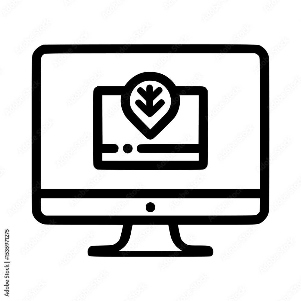 Poster a computer monitor displays a stylized location pin with a leaf symbol.
