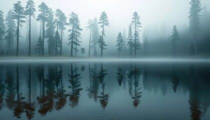 a serene lake reflecting tall pine trees shrouded in dense fog