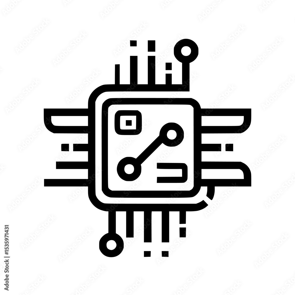 Poster black and white vector illustration of a computer chip with connecting lines and circuits.