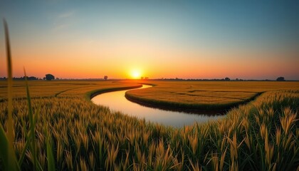 Fototapeta premium a winding river through golden rice fields at sunset