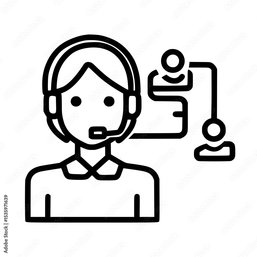 Poster customer service representative with headset connected to a customer network diagram in a line drawi