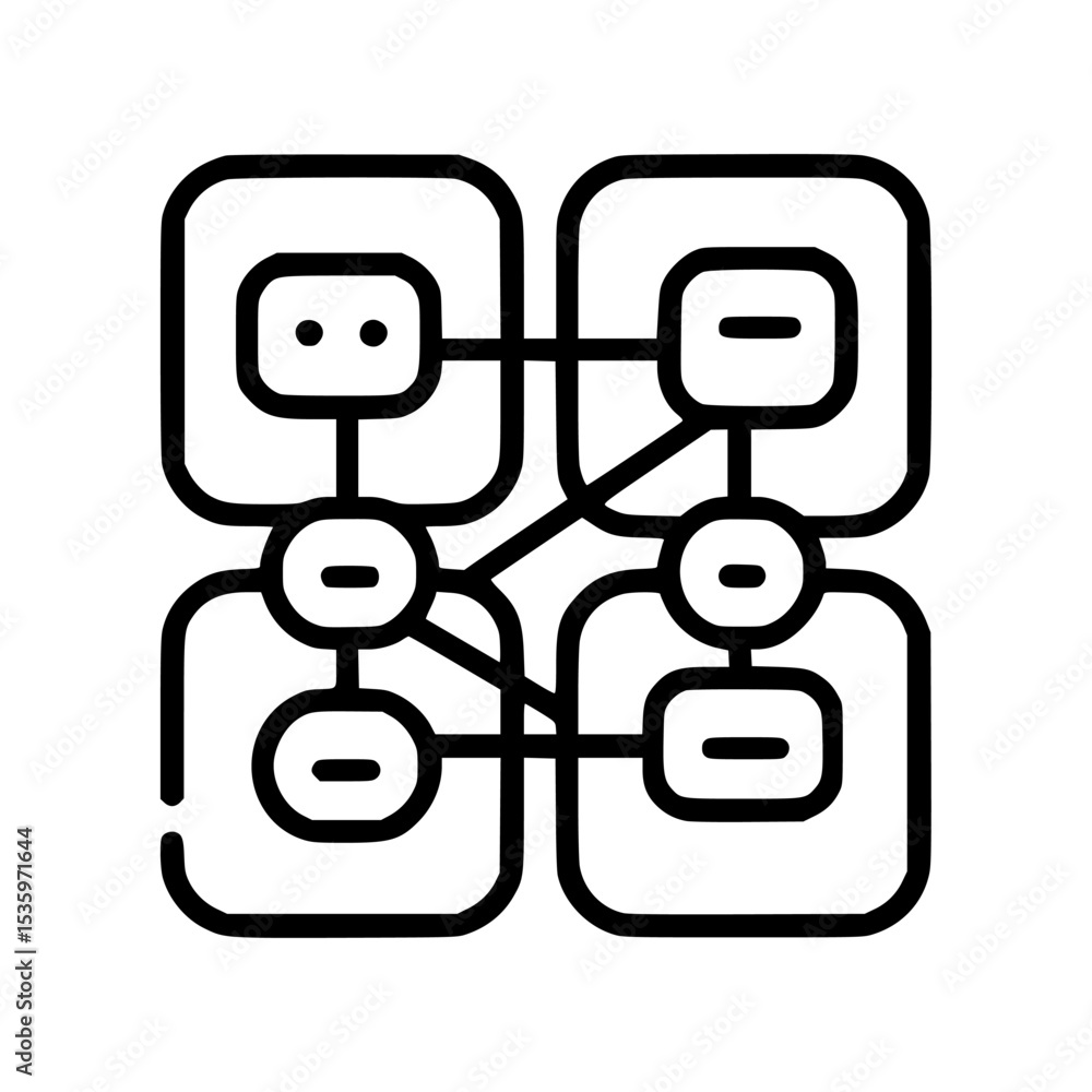 Poster a graphic representation of interconnected square modules, showcasing network connections.