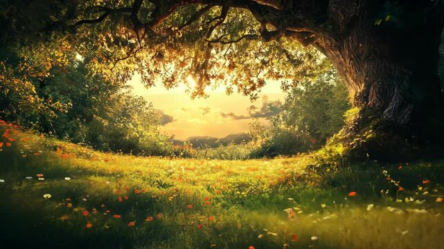Sunset illuminates a field of wildflowers under a large tree