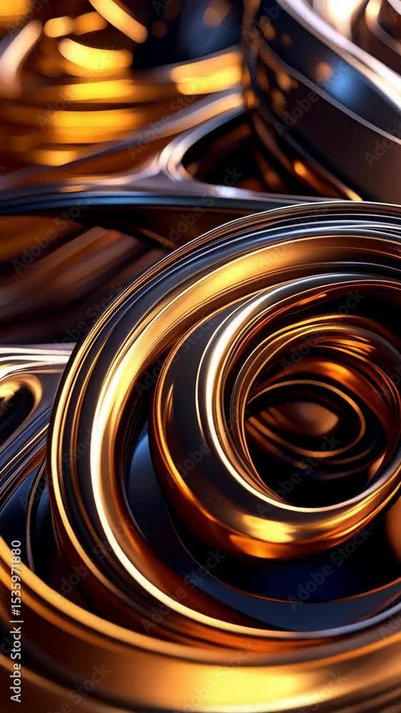 Poster swirling golden abstract shapes with a fluid, reflective surface, creating a modern, elegant metalli