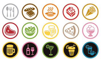 Colorful round food and drink icons set including pizza, steak, beer and cocktails in flat style on white background for menu or food court design