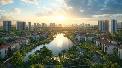 serene city panorama featuring a lake and modern architecture blending harmoniously with lush greenery at sunrise creating an idyllic urban oasis for tranquil living