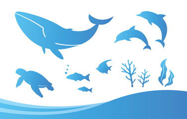 Ocean and water themed vector elements. Blue gradient set. Sea Life, marine Icons,decorations. Silhouette design.