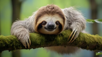 Naklejka premium Sloth relaxing on tree branch in lush forest wildlife photography nature scene close-up perspective