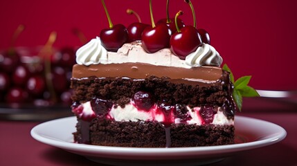 Delicious black forest cake with cherries dessert showcase indoor close-up culinary delight