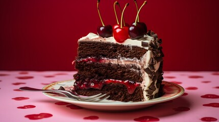 Delicious slice of black forest cake with cherries on a plate food photography cozy environment close-up dessert indulgence