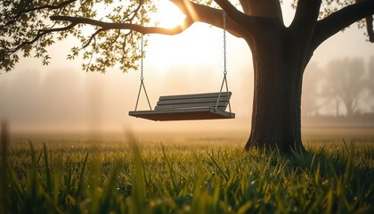 A solitary wooden swing hanging from a large