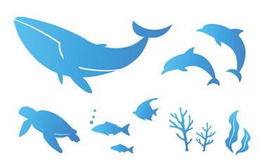 Ocean and water themed vector elements. Blue tones set. Sea Life, marine Icons,decorations. Silhouette design.