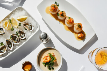 Top-down shot of elegant seafood dishes: fresh oysters on ice with lemon, seared scallops with roe and sauce, creamy shrimp soup, and beer. Clean minimal white background for modern gourmet appeal.