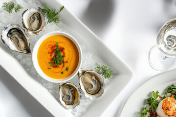 Elegant seafood composition with fresh oysters on ice and creamy orange bisque, garnished with herbs. Bright white background and minimalist fine dining style.