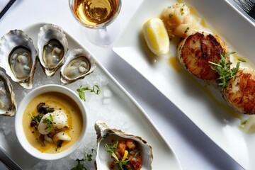 Elegant seafood flatlay featuring fresh oysters on ice, creamy bisque with herbs, and seared scallops on white plate. Fine dining aesthetic with vibrant lighting and gourmet presentation.