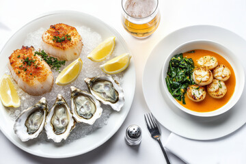 Fine dining seafood platter with fresh oysters on ice, seared scallops with lemon, and scallops in bisque with sautéed greens. Bright white background and elegant gourmet presentation.