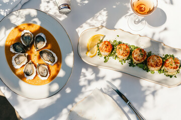 Refined seafood composition featuring oysters on rich tomato sauce and grilled scallops on greens, garnished with lemon and paired with a glass of rosé. Natural shadows add an elegant editorial touch.