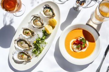 Elegant overhead shot of a seafood dish featuring fresh oysters served on ice with lemon and herbs, accompanied by a bowl of creamy orange bisque with scallops and microgreens. 