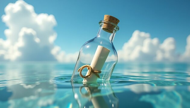 Glass Bottle with Rolled-up Piece of Paper Floating on Ocean.