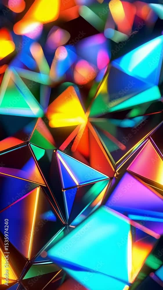 Poster abstract dynamic background of colorful, glowing, metallic triangles and geometric shapes creating a