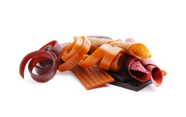 Different delicious fruit leather on white background