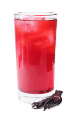 Delicious hibiscus tea with ice cubes in glass and dry roselle sepals isolated on white