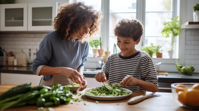 Cooking together a single mom and her teenage son prepare dinner at home family bonding cozy kitchen joyful moments - Powered by Adobe