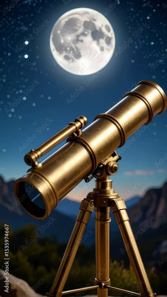 Poster golden telescope pointed at the moon with stars on a mountain range background during night and twil