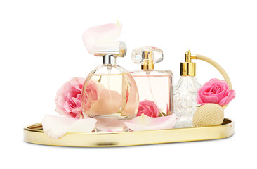 Many different perfume bottles and roses isolated on white