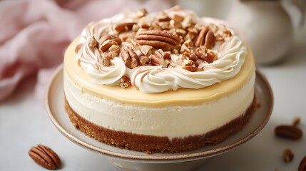 Pecan topped cheesecake with whipped cream.