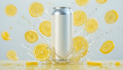 lemon juice splash, Realistic white can mockup with fresh lemon slices and dramatic water splash. High-resolution image perfect for citrus drink branding and advertising concepts
