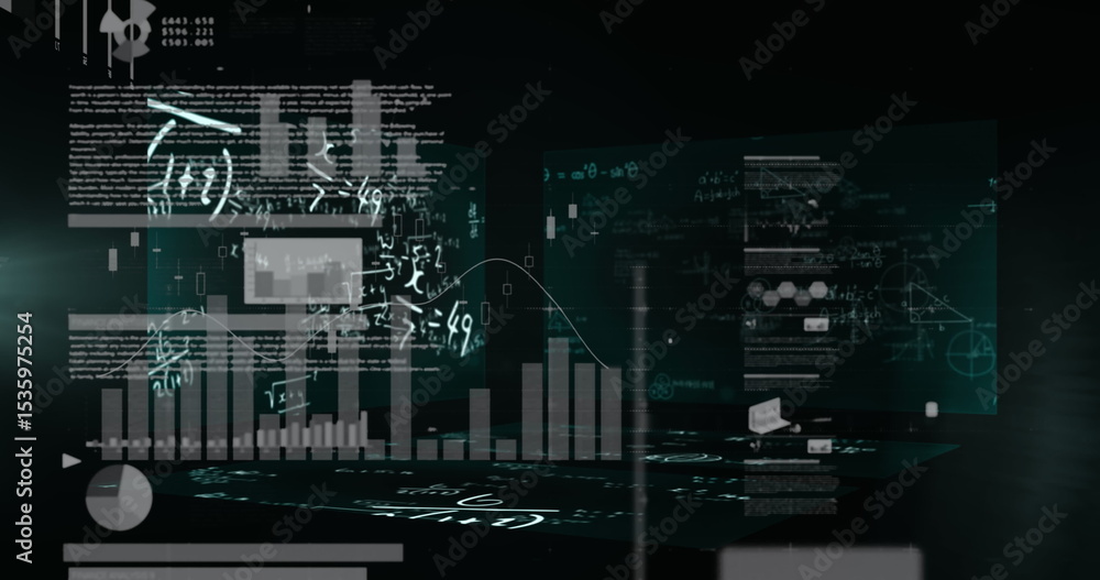 Poster floating translucent panels showing bar and line charts, pie segment and equations in dark space