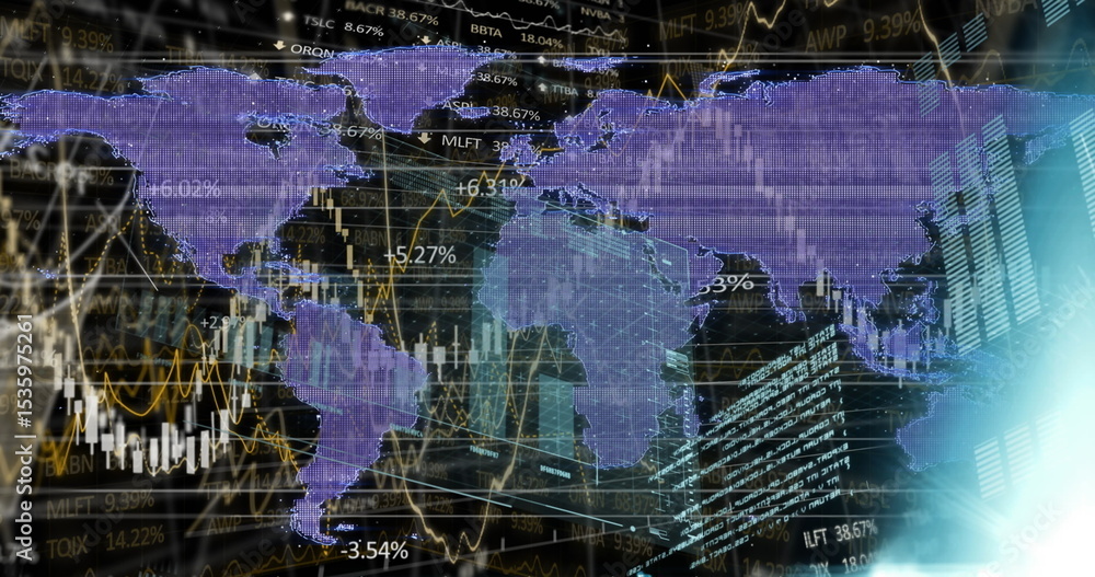 Poster displaying purple world map overlaying dashboard, showing candlesticks graphs percentages cyan glow